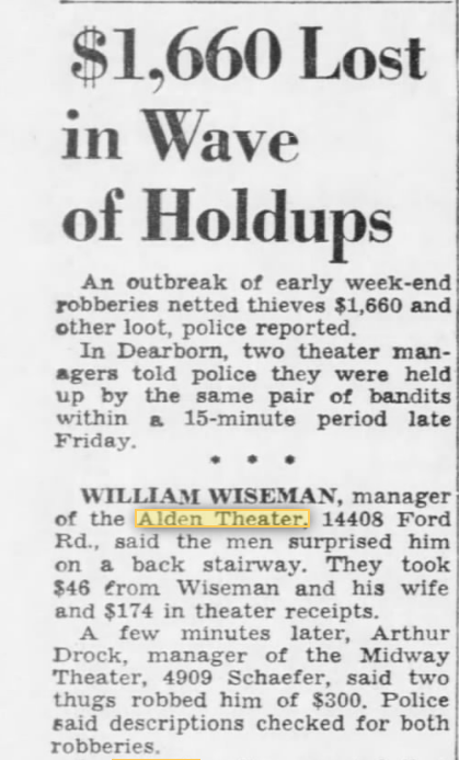 Alden Theatre - Sept 1950 Article On Robbery (newer photo)